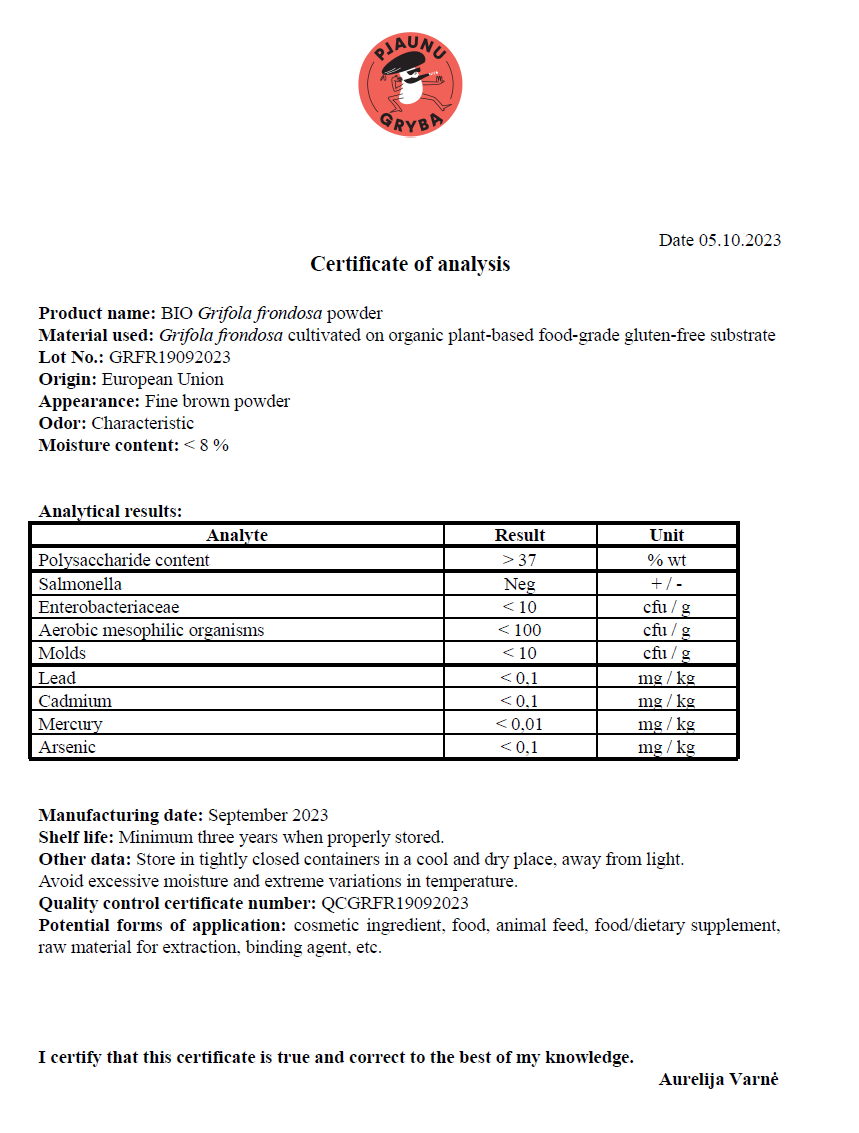 Maitake kapsulės (maisto papildas), kuokštinė grifolė iš ES EKO ūkio