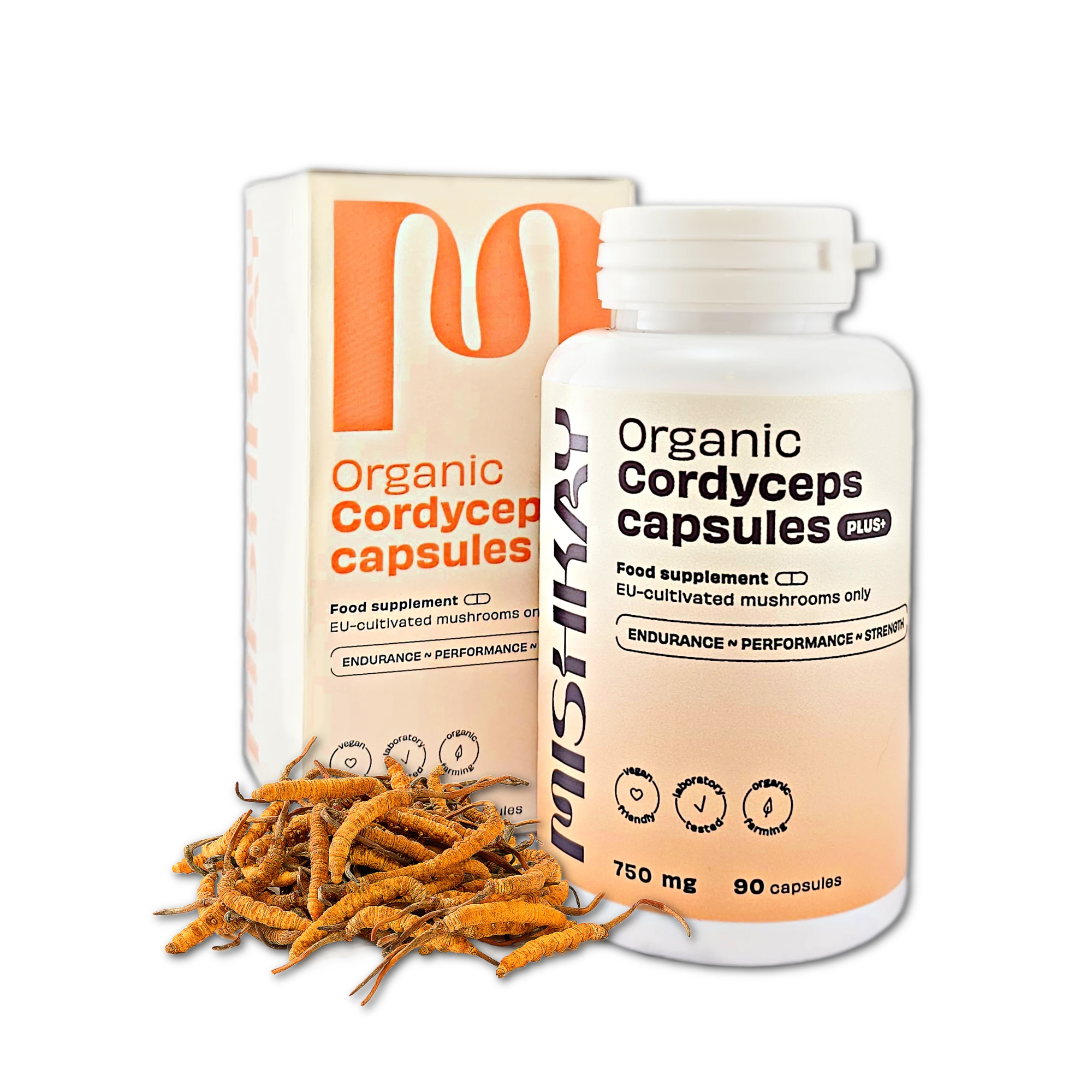 Pjaunu Grybą organic Cordyceps PLUS+ capsules bottle and box with dried mushroom specimens on a white background
