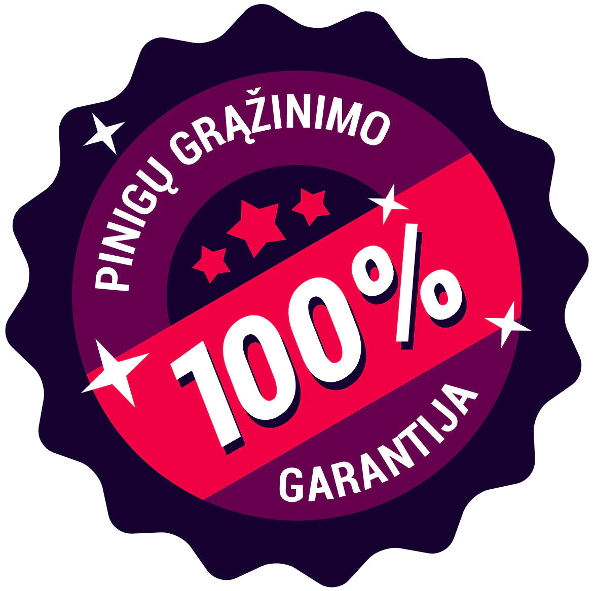 Pjaunu Grybą 100% money back guarantee badge in dark purple and red with star accents