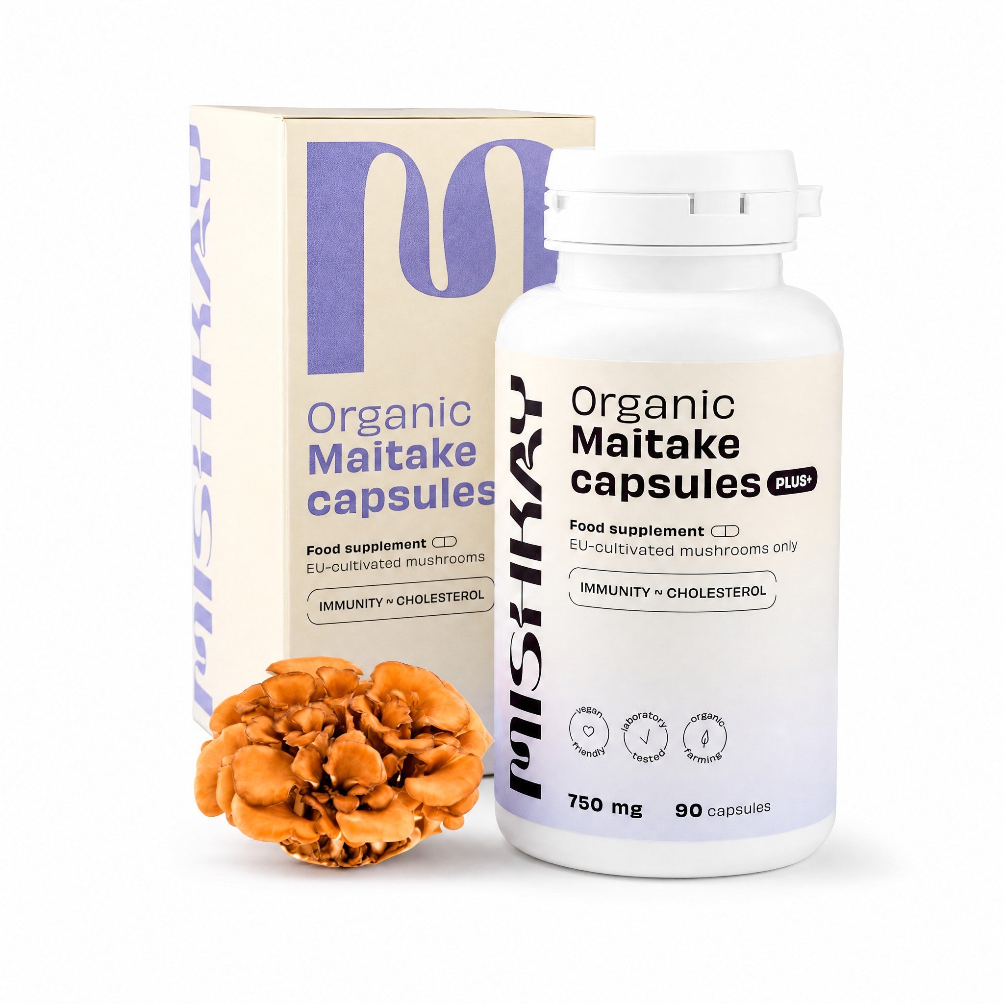 Pjaunu Grybą organic Maitake mushroom capsules in a white bottle and box with a fresh Maitake mushroom in front.