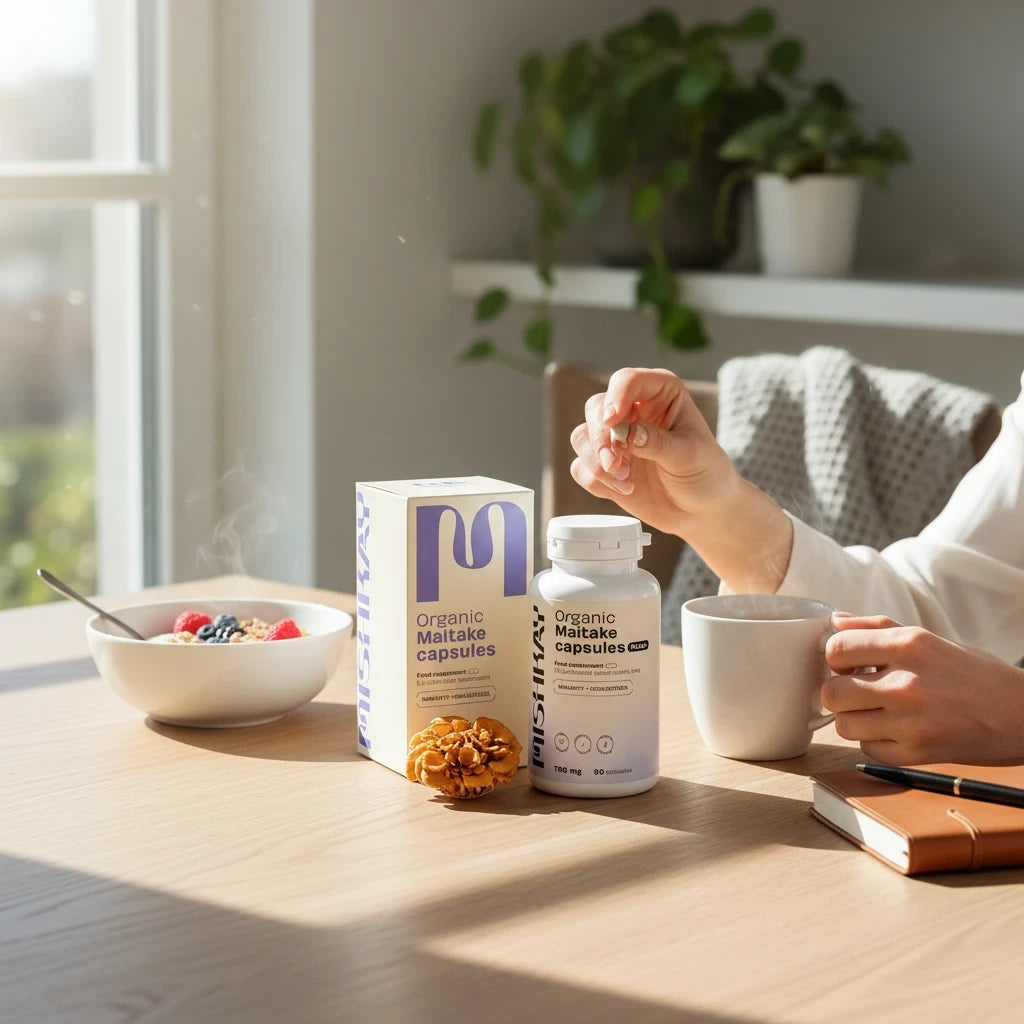 Pjaunu Grybą organic Maitake mushroom capsules on a wooden table with a person holding a capsule near a morning meal.